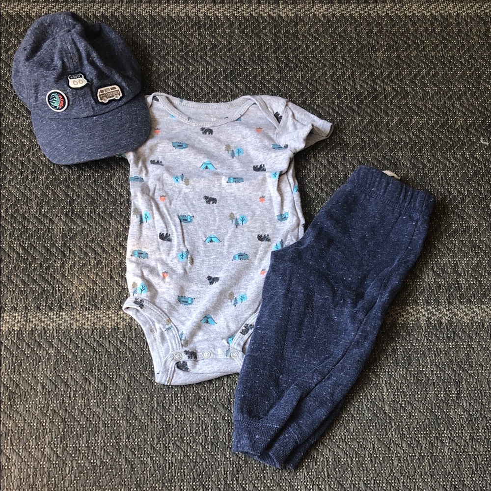 3 piece Carter's Gray One-Piece Set with Navy Pants & Cap